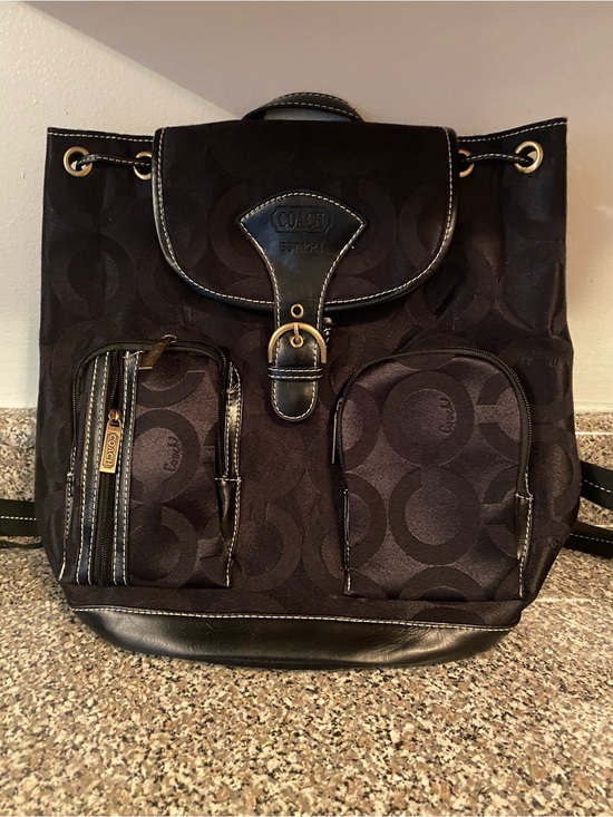 Coach Handbags - Coach Black Signature Canvas Drawstring Backpack with Leather Trim